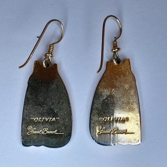 Vintage Laurel Burch Olivia Cat Earrings Blue Enamel Gold Plated Metal - Picture 3 of 3